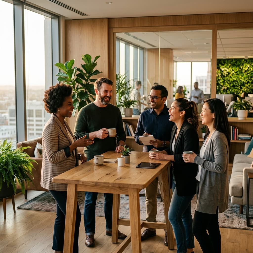 Diverse team having a genuine conversation in a modern office lounge with natural lighting
