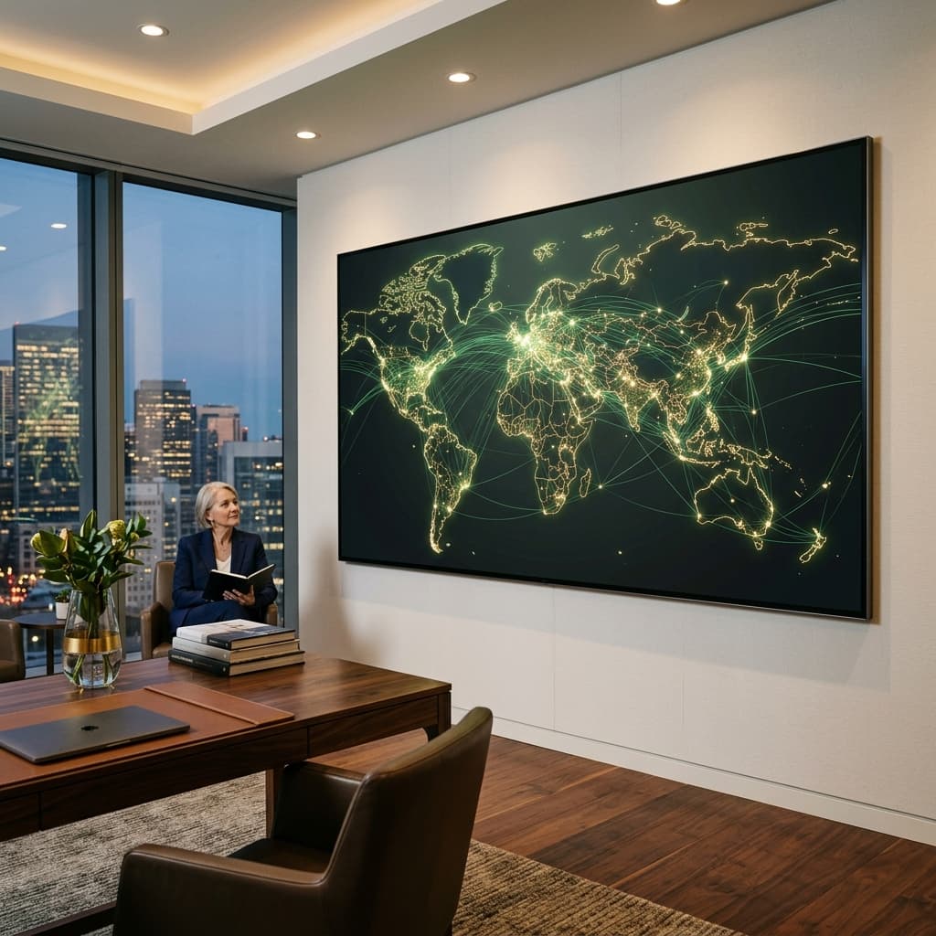 World map visualization showing connected network nodes across continents in a modern office
