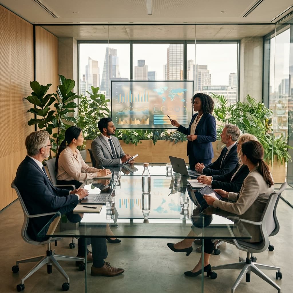Team of professionals reviewing verification data on a transparent display in a modern meeting room