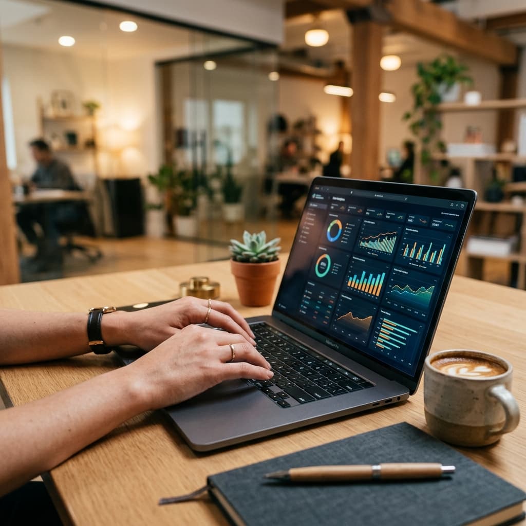 Close-up of a professional working on data analytics dashboard on a modern laptop